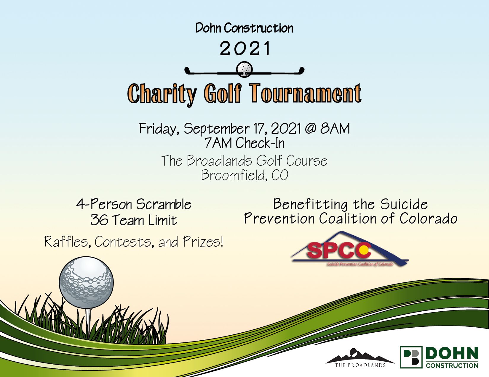 Save the date for the Dohn Construction Charity Golf Tournament benefitting the Suicide Prevention Coalition of Colorado.